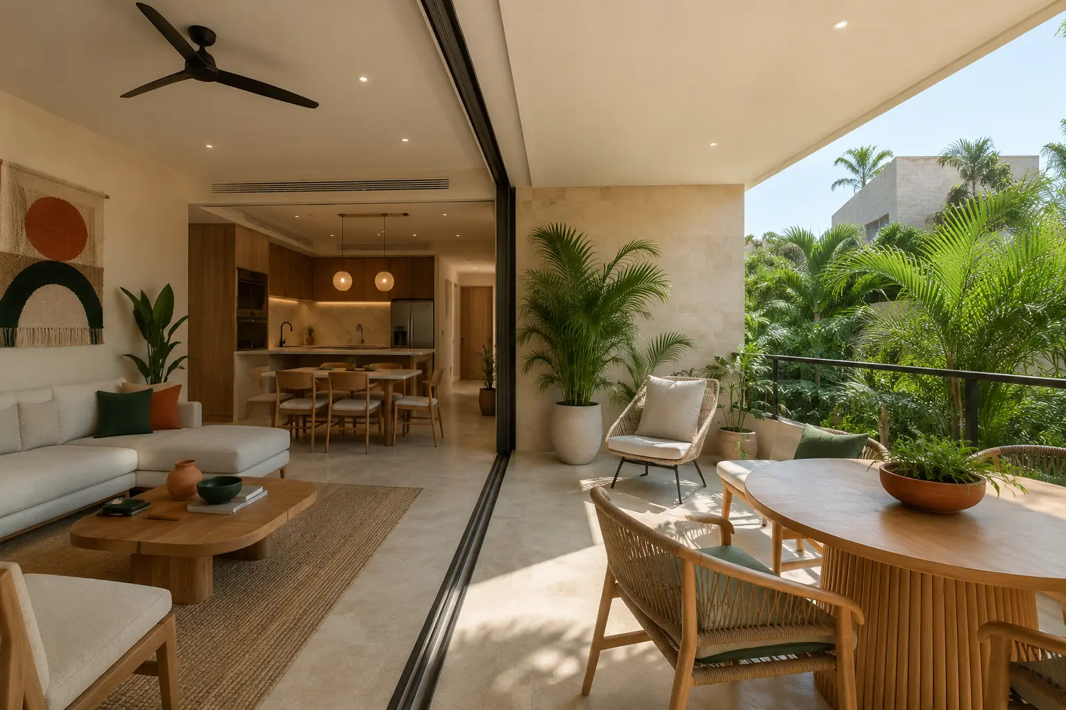 Visual conceptual de Lomas Aurora: sala-comedor abierta a terraza con ventanales corredizos y vegetación