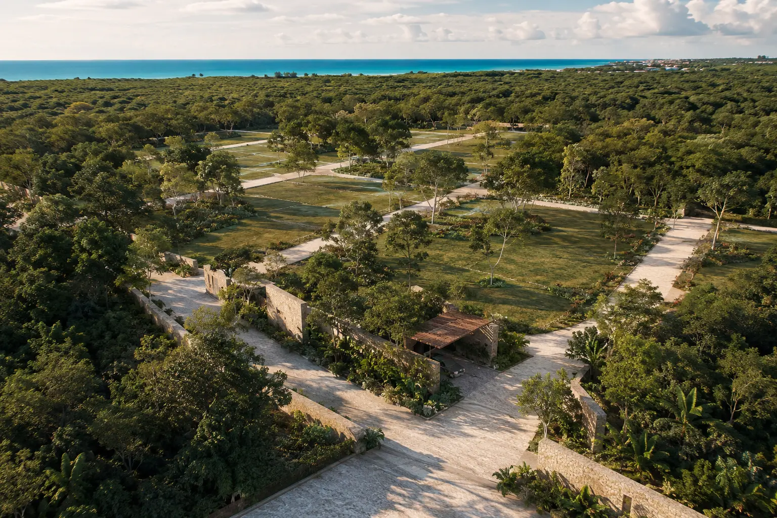 Visual conceptual de Tierramadre: vista aérea de lotes entre selva con caminos y el mar al horizonte