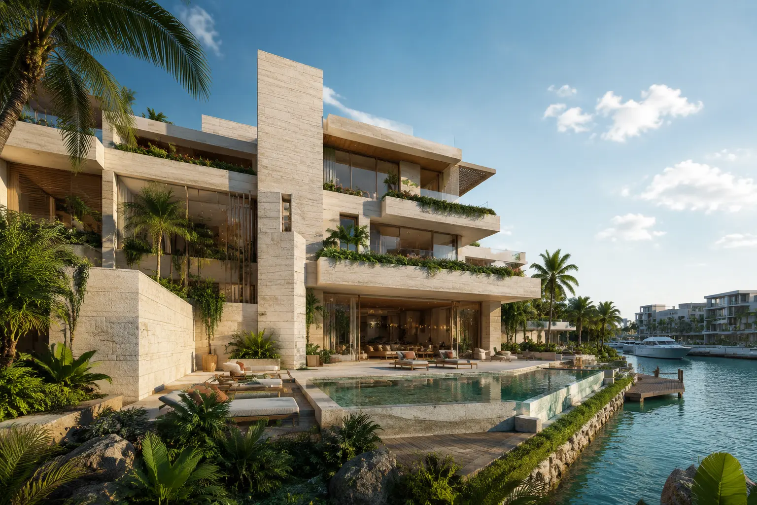 Visual conceptual de Casa Lagunas 2: residencia de tres niveles en piedra clara frente a un canal con muelle