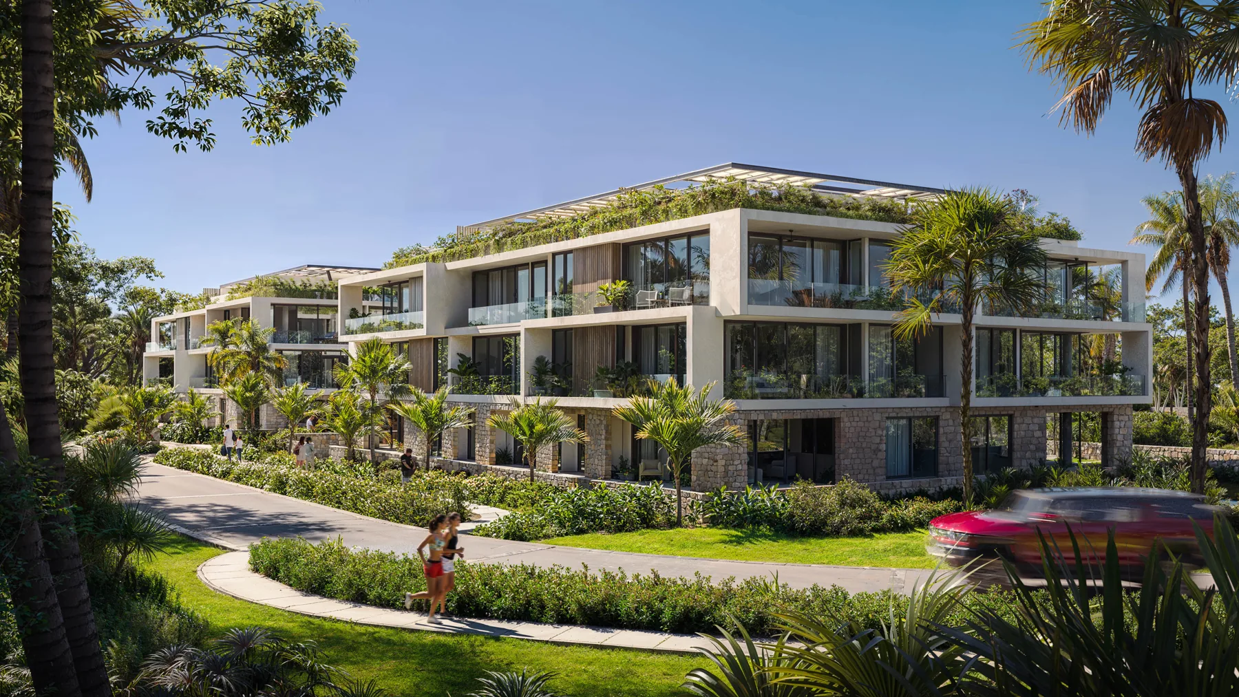 Render oficial del exterior de Bakabá Playacar entre vegetación
