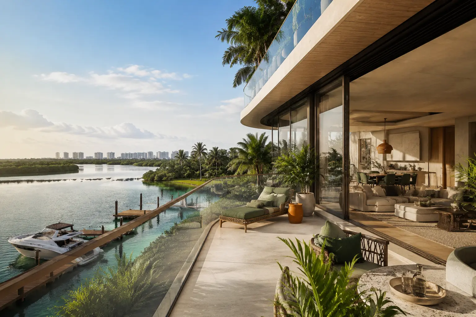 Visual conceptual de One Laguna: terraza con ventanales y alberca con vista a la laguna y un muelle