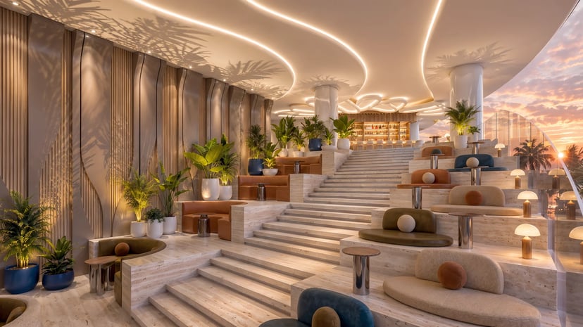 Render oficial de la gran escalinata de Mondrian Residences Cancún