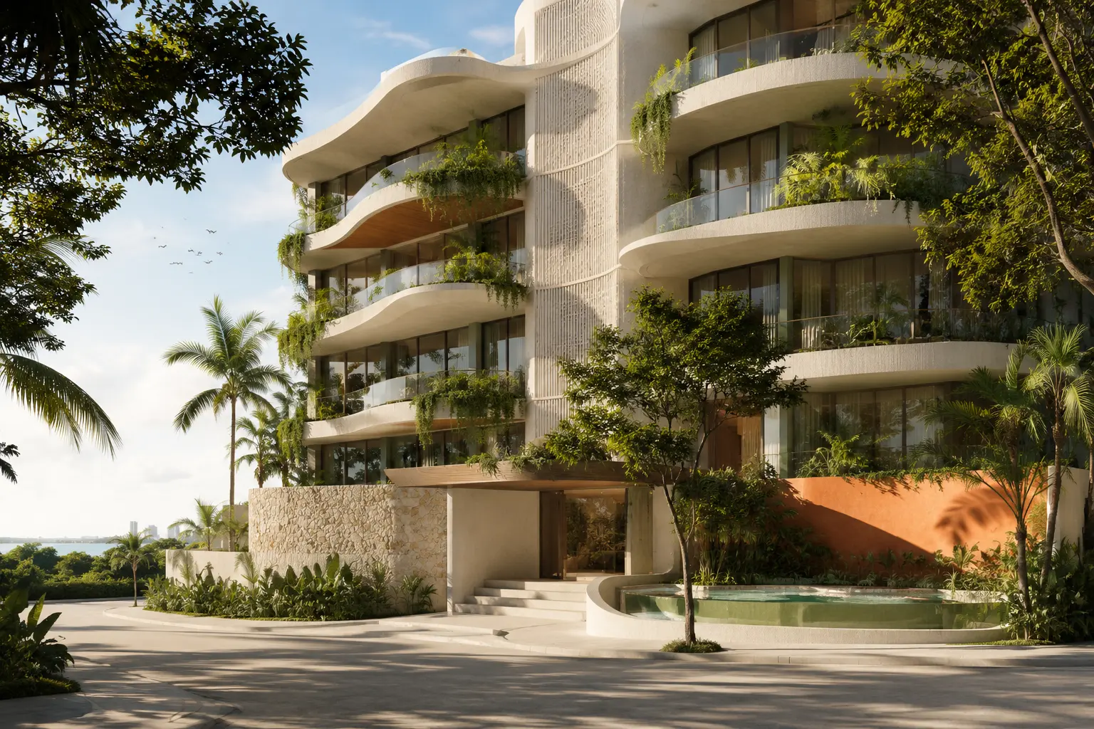 Visual conceptual de Nautica Residences: torre de líneas curvas con balcones y palmeras