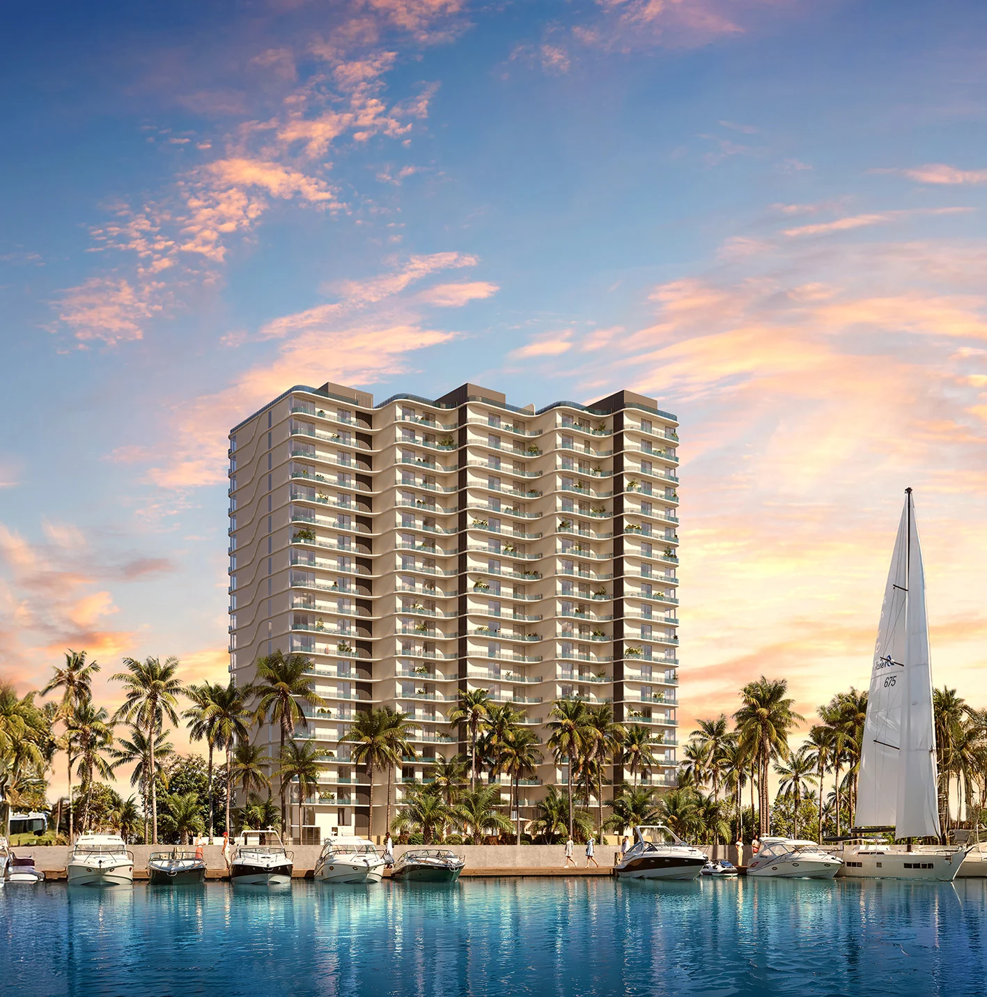 Render oficial de la torre SLS Ocean Beach Residences frente a la marina de Puerto Cancún