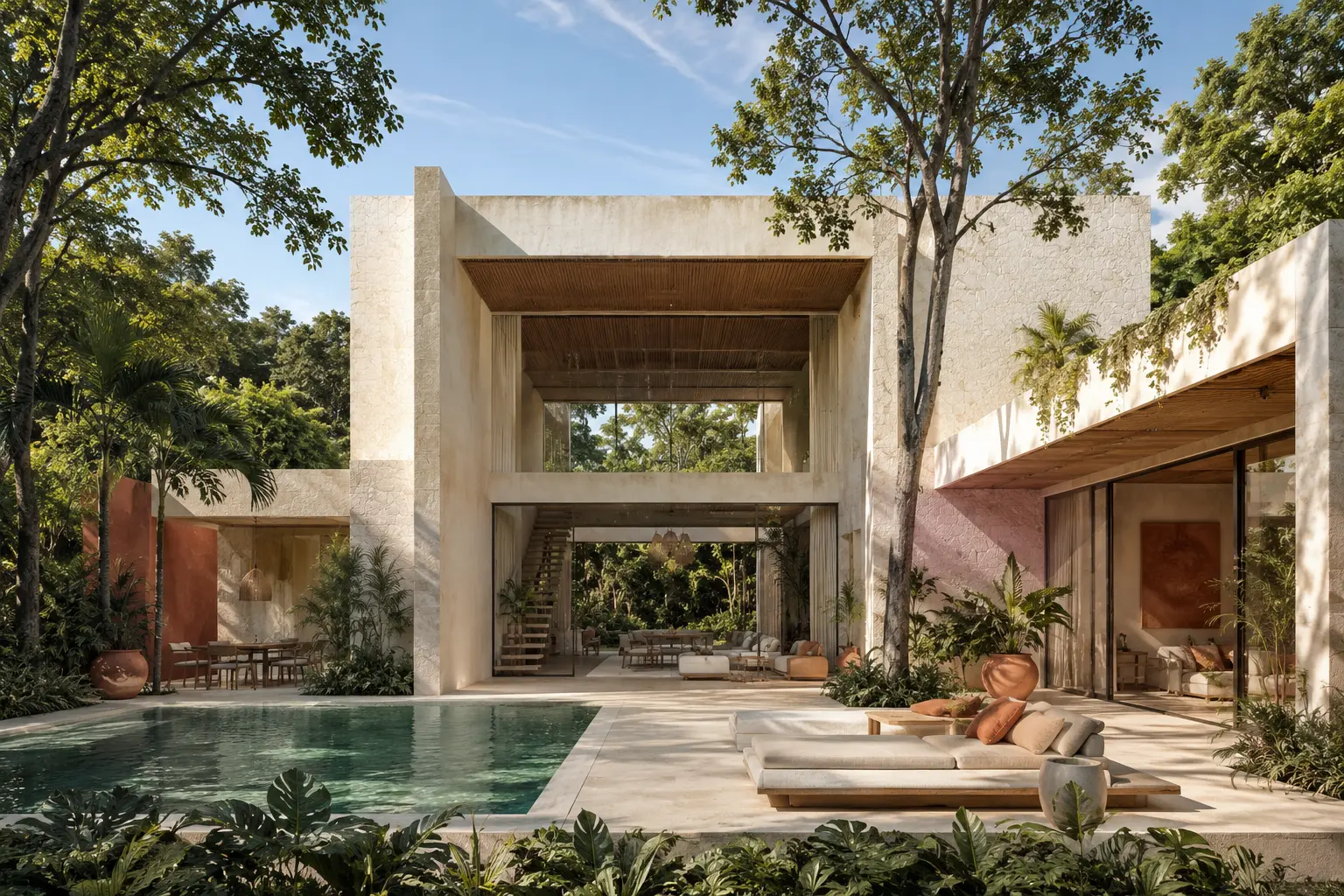 Visual conceptual de Palm Villas Corasol: villa de doble altura con patio, alberca y jardín de selva