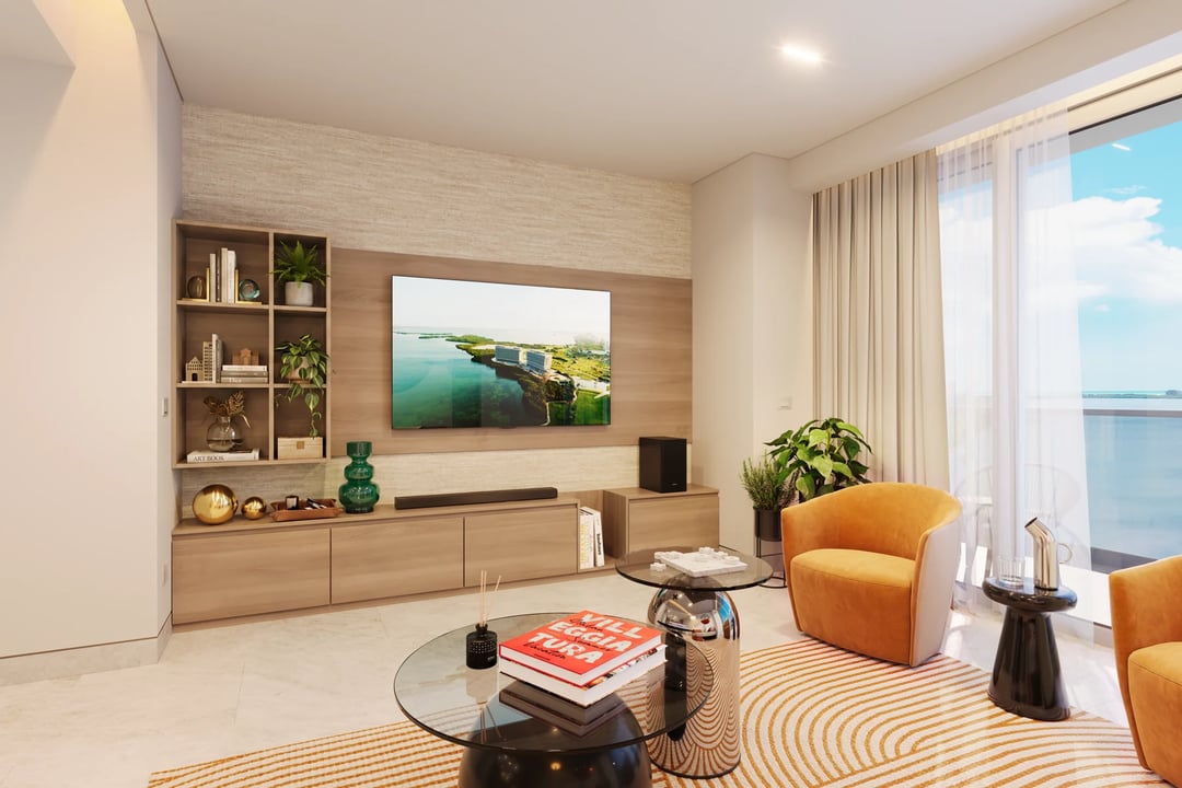 Render oficial del interior de la residencia prototipo A1 de Mondrian Residences Cancún: sala con mueble de TV y ventanal