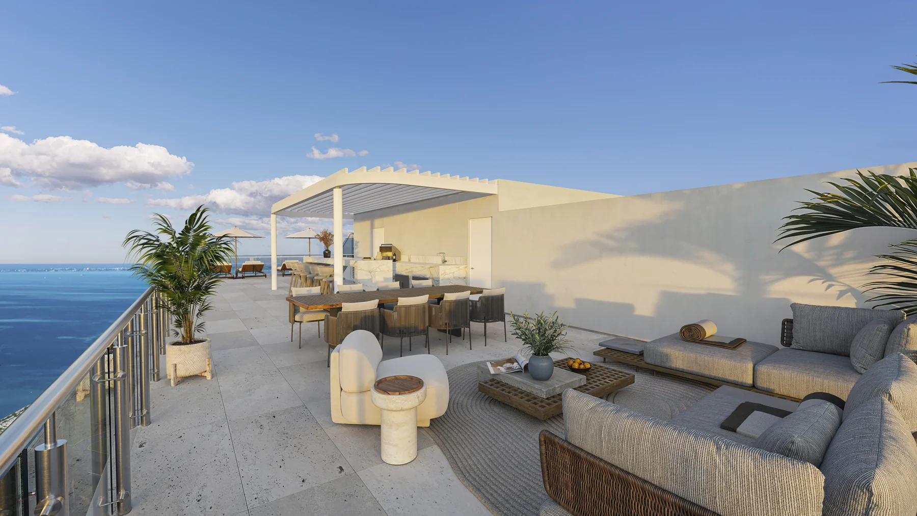 Render oficial de la terraza en el roof de SLS Ocean Beach Residences con vista al mar