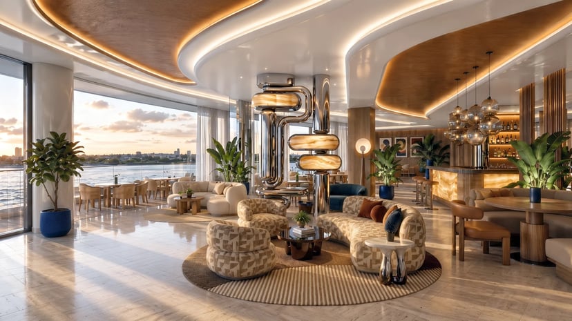Render oficial del lounge y restaurante de Mondrian Residences Cancún con vista a la laguna