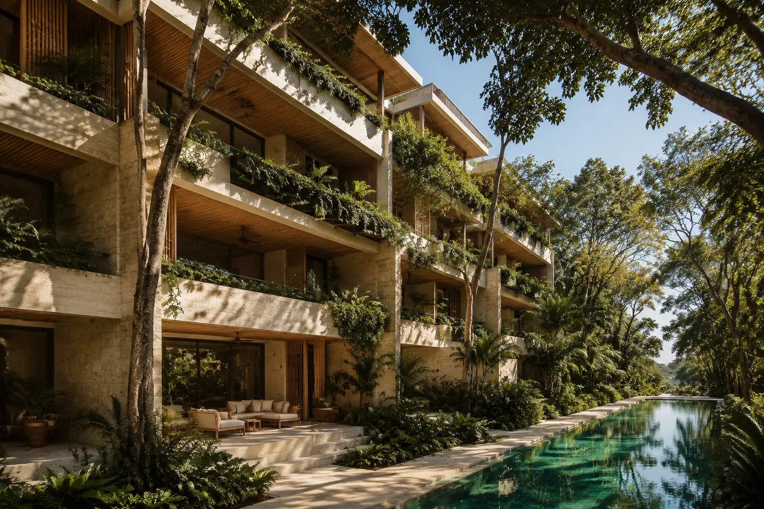 Visual conceptual de Bakabá Playacar: edificio bajo de departamentos con balcones vegetados, celosías de madera y alberca entre árboles