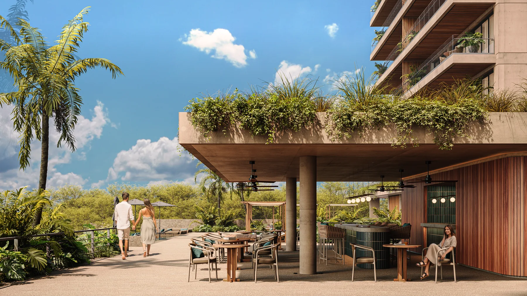 Render oficial del área social y alberca de Zenit Cancún