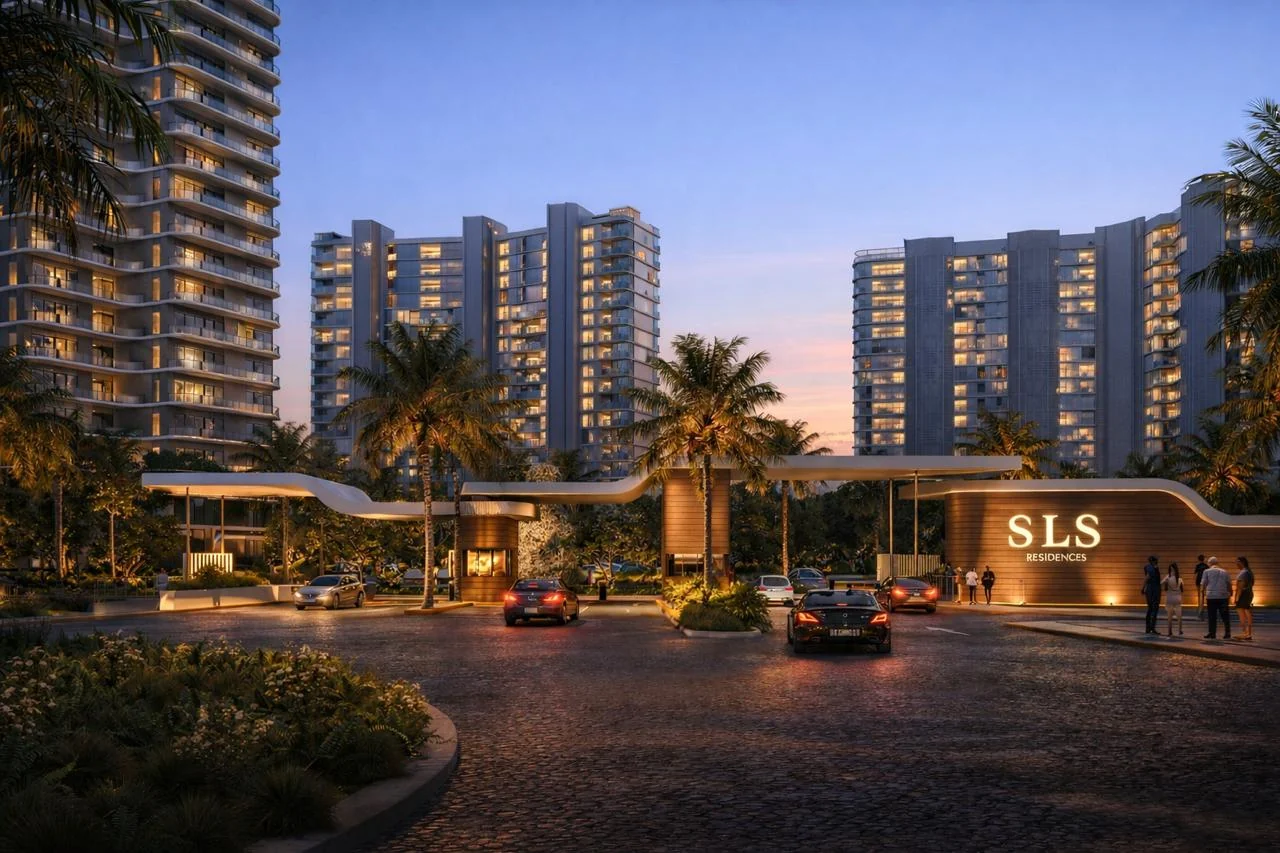 Render oficial nocturno del acceso a SLS Ocean Beach Residences