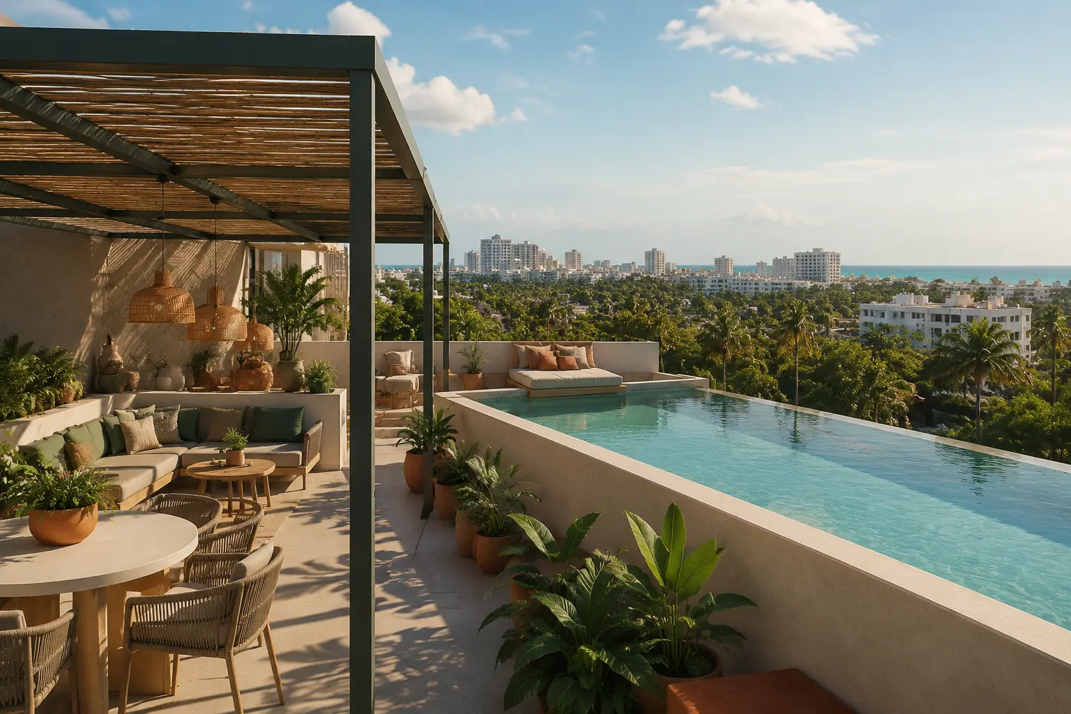 Visual conceptual de Zenit Cancún: roof garden con pérgola, alberca y la ciudad de Cancún al fondo