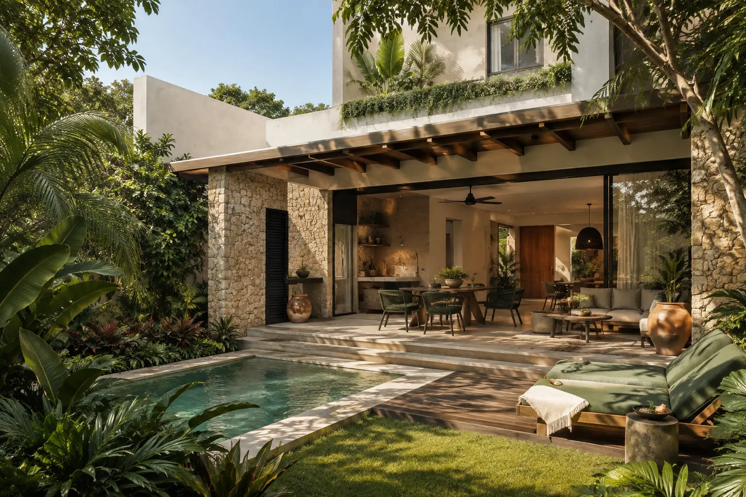 Visual conceptual de Palmara Residencial: casa de muro de piedra abierta a jardín y alberca