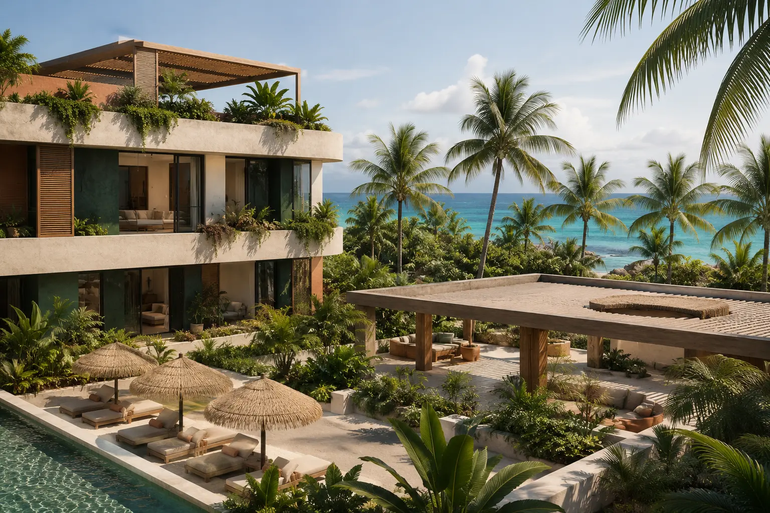 Visual conceptual de Distrito Xcalacoco Beach: departamentos con terrazas, palapa y alberca cerca del mar