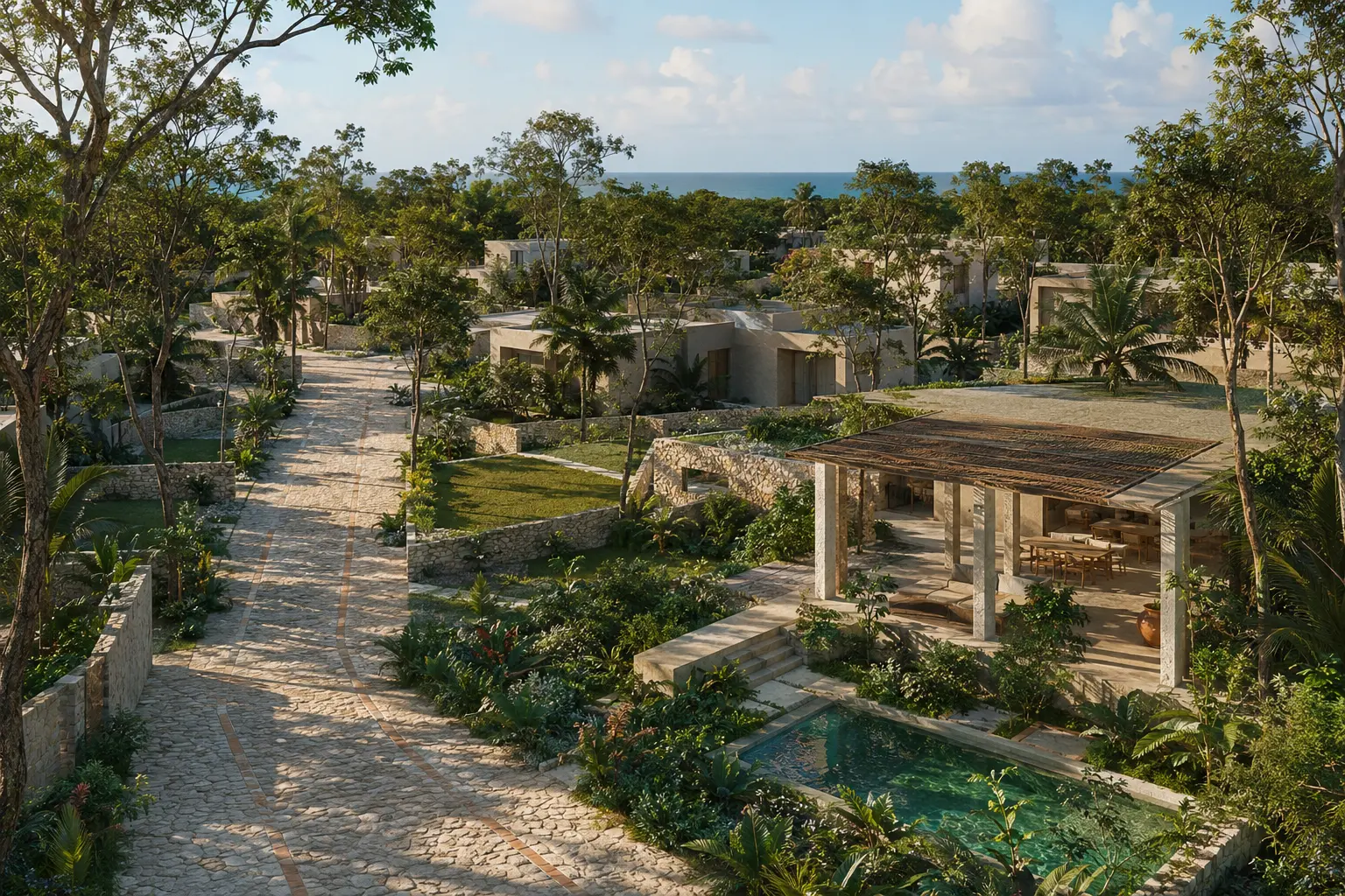 Visual conceptual de Montenia: andador de piedra entre lotes con vegetación y pérgolas